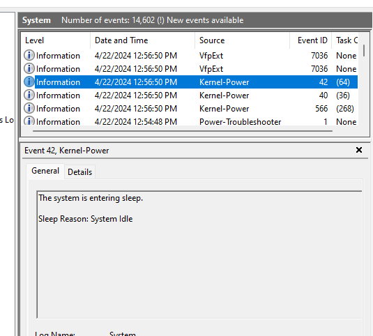 Windows 11 event log with the reason for entering sleep