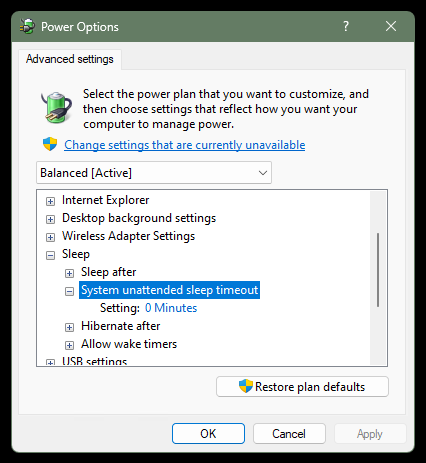 The hidden power option "System unattended sleep timeout" set to 0 minutes